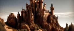 A dark brown castle in a rocky desert painted by Antoni Gaudi