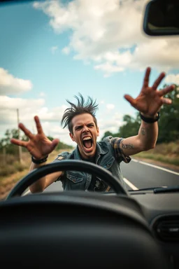 A very angry and bitter punk rocker driving around in a road circle screaming