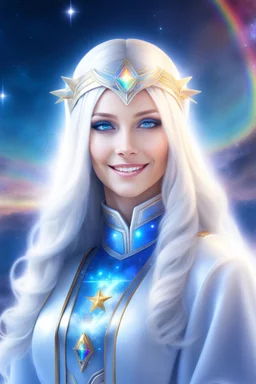 cosmic woman smile,galactic fédération, admiral from the future, one fine whole face, crystalline skin, expressive blue eyes,rainbow, smiling lips, very nice smile, costume pleiadian, Beautiful tall woman pleiadian Galactic commander, ship, perfect datailed golden galactic suit, high rank, long blond hair, hand whit five perfect detailed finger, amazing big blue eyes, smilling mouth, high drfinition lips, cosmic happiness, bright colors, blue, pink, gold, jewels, realist, high,rainbow commander,