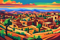 create a panoramic landscape of an ancient southwestern pueblo in the fauvist art style of Andre Derain and Georges Rouault, highly detailed, 4k,
