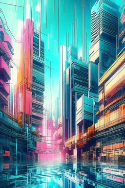 an innovative mixed media style digital art combining 3D, glitch art, and photography. Feature futuristic cityscapes with unexpected textures, layers, and dimensions.