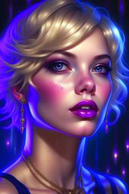 pierced lips and nose, a beautiful woman with short blonde hair, nice blue eyes, deep purple lips, nice nose wearing lip-ring, nose-pin and designer bikini. 8k resolution, art by Greg Rutkowski, Artgerm, WLOP, Alphonse Mucha dynamic lighting, intricately detailed, trending on Artstation