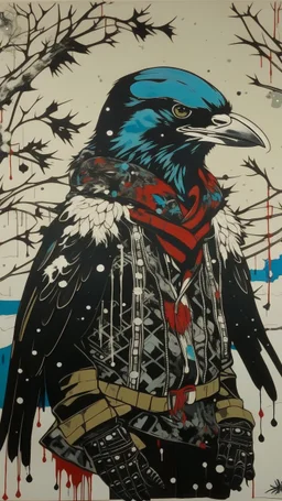 A contemporary serigraphy portrait by Kunisada of a crow adorned in a punk leather jacket within a snowy Christmas atmosphere.