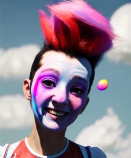 Ultra realistic speed clouds sky scene, wide angle view, sweet women falling down, inflatable color clothing, free jumping flying, many trinkets, hair monster, many jelly beans, balls, color smoke, smile, happy, circus style, extreme, wind, clouds sea, 20,000 feet altitude, stratosphere, soft color, highly detailed, unreal engine 5, ray tracing, RTX, lumen lighting, ultra detail, volumetric lighting, 3d, finely drawn, high definition, high resolution.