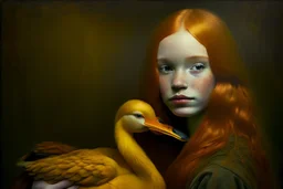 Beautiful golden red hair girl holding duck portrait in ochre, moody, somber, desaturated colors