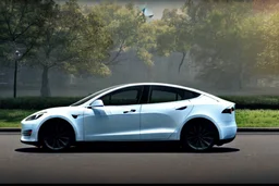 A Tesla 'Model S' is parked, in the 'Central Park' in New York City. (CINEMATIC, WIDE ANGLE LENS, PHOTO REAL)