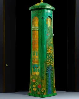 A bluish green tower in a toxic jungle designed in African pottery painted by Gustav Klimt