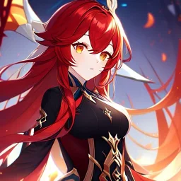 girl, masterpiece, best quality, volumetric lighting, detailed outfit, perfect eyes, red hair, orange eyes, long hair, honkai impact outfit,