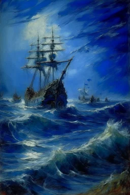 A navy blue savage ocean with broken pirate ships painted by Claude Monet