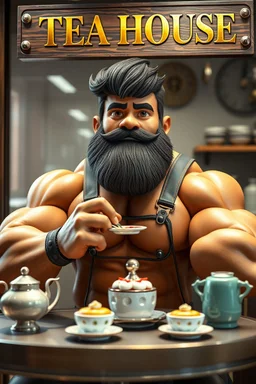 BOY mechanic man with SUPER MASSIVE huge muscles ON MUSCLES and his top off enjoying high tea by himshelf with little cakes, large SIGN THAT HAS A title( - TEA HOUSE) BOYISH CUTE FLUFFY, HD, 4K