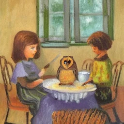 Impressionist painting, of an owl family baking bread, doing homework, and washing dishes