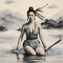 A surprised Nomadic samurai woman, 24-years-old wearing a one-piece swimsuit with patterns in traditional Chinese brush, expressive line, ink washes to fish in the water, poised on hands and knees, the overcast sky in the background, vintage 1980's photo