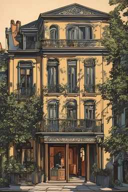 museum quality color woodcut of a 1920's Parisian townhouse, in the style of Gustave Baumann, with a fine art aesthetic, highly detailed, finely cut ,8k render,