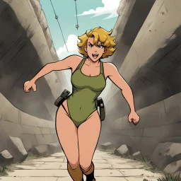 [illustration for wii No More Heroes style with thick lines] surprised April O'Neil, 24-years-old wearing a olive green one-piece swimsuit , running away from Bebop and Rocksteady, the underground tunnels in the background,