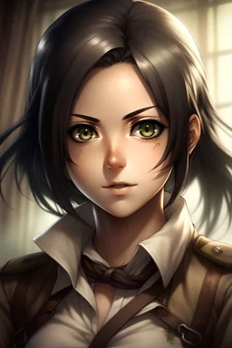 The character of a girl She has medium-length dark hair, brown eyes, thin physique, harsh look, vintage photo 104 cadet class She has a very beautiful appearance anime. attack on titan