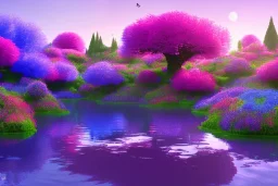 monde en fleurs, blue lake, flower tree-houses, concept art, crépuscule , fuksia bleu oranger, vibrant Color, réaliste, riviere bleu, tree-house bougainvillier, roses