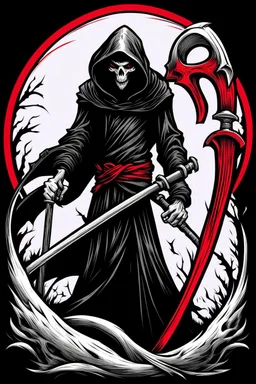 hooded Grim-Reaper gripping scythe, vignette, black and white graphic novel style with a red outline, and black background,