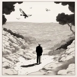 a alone man. pen and ink, birds eye view, illustrated by hergé, Background space and earth