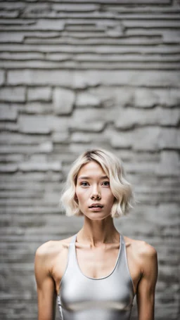 beautiful asian anorexic woman, total shot, short silver triathlon swimsuit, short blond wavy bob hair, blurred concrete background