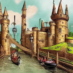 A magical canal city of wizards, witches and warlocks with a castle sir John Tenniel style