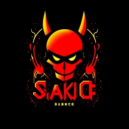 stylish abstract logo for rock band orange text "SARDONIC HARMONY" in a futuristic robotic font, sinister evil marshmallow head with headphones and red flames, horror, dark negative space, by H.R. Giger and Godmachine, violent colors, minimalism