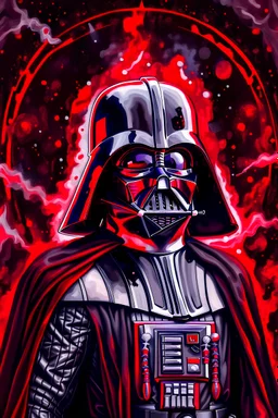 darth vader, oil paint, realistic 4k, red and black fogy background, black planet, red big planet, light from top right, stars, star was ship in ths background, more black