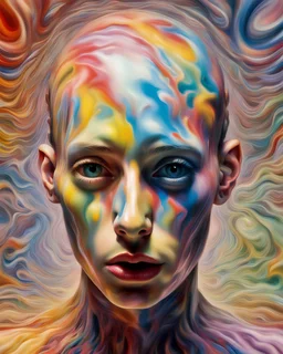 a hyper-surreal insane blurred human embedded in another hyper-surreal human of light color, other multiple human are born from all this amalgam, in between them there is a range of colors and fluids fused and mixed, show complete entire humans, dull sick colors, bauhaus painting style, Super-detailed, Ultra-realistic, Studio Quality, 48k / HD, Normal Contrast, hyper Realistic Shadows, octane Rendering, Sharp Focus