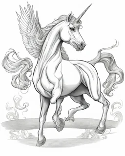 UNICORN horse pegasus, jump , FULL BODY, eyes, low detals, clean WHITE BACKGROUND, black outline