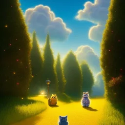 cute fluffy lion and scarecrow and tin-man and kitten on a journey into the woods walking on a yellow brick road, cute adorable pop surrealism, lowbrow art, realistic, street fashion, fluffy , pixar style, hyperrealism, christmas colors, rococo, by "NewAgerJul", Pixar, Disney, concept art, 3d digital art, Maya 3D, ZBrush Central 3D shading, bright colored background, radial gradient background, cinematic, Reimagined by industrial light and magic, 4k resolution post processing 8k resolution holog