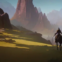  mountains with medieval knight in armour traveling on a horse in the background