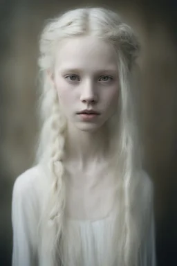 Emotive photographic image - stunningly beautiful, 15 year old albino girl chechen facial features anorexic. sickly, pale skin. blotches on skin. wild, very long, floor length, wavy wispy ghostly white hair in messy braids. ghostly white eyebrows and ghostly white eyelashes. lovely face, sculpted cheeks. beautiful, succulent, pale lips. barefooted. cinematic dynamic masterpiece, hyper realistic film still, beautifully detailed, soft lighting, ethereal, sparkle, beautifully lit, dramatic lighting