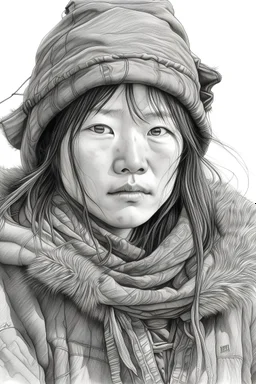 pencil drawing of an 18-year-old Mongolian girl dressed in torn rags