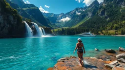 a picturesque natural landscape that includes majestic mountains and a serene countryside. Additionally, incorporate details about a stunning, large waterfall that enhances the beauty of the scene. The output should be structured as a narrative, painting a clear image with rich, descriptive language that evokes the sights and sounds of this beautiful environment water fall falls to a big sea with modern ship in it.a fullbody lady inOne Piece - Athletic Swimsuit,and diving cap