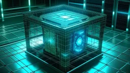 Cube tesseract from movie Loki. Tesseract should not be cropped. Located strictly in the middle of picture with space around it and with navy blue/green glow inside tesseract. Without surface/table on which it stay.