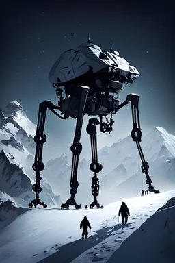 a minimalist silhouette of a sleek mechanical walker with eight legs scaling a very steep snow covered side of mout everest at night, it has a smooth surface, it has storage pods on its belly and humans can fit in the pods