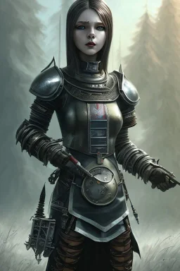 Gaspunk Wednesday Adams, in a black knight armour,a beautiful full frame portrait digital painting of futuristic, wide angle view, close-up, macro lens, centered camera, titanium accents, intricate details, small minutiae, tiny features, particulars, colorful, 8k, least ambient occlusion, volumetric lighting, volumetric clouds