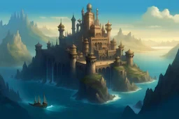 A beyond standard kingdom is out in the middle of the sea during a misty day. The layout of this kingdom begins with a main entrance gate that leads into the main party of the city. Nothing else is in sight except for this kingdom.