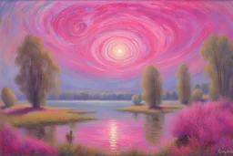 fushsia sky, planet in the sky, lake, sci-fi, mountains, galactic cosmic influence, auguste oleffe and emile claus impressionism paintings