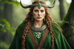 Subject & Action: A low-angle portrait capturing a fierce, youthful woman druid of Celtic lineage. She stands with a determined, vengeance-filled expression, looking directly into the lens. Her newly appointed druidic robes—made of textured, green and brown wool and adorned with rough wooden beads, embroidered leaf patterns, and small animal skull fetishes—are slightly wind-blown. She holds a gnarled wooden staff in her left hand and grips a stone-tipped dagger in her right, ready for battle. E