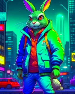 Conejo alienígena antropomorfico con chaqueta, Jens, tennis y gorra en la ciudad, full body, arte anime, calidad ultra, hiperdetallado, maximalista, increíble obra de arte, 12k