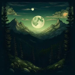 lush foresty mountains at night time, sun and moon in the sky