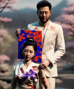 an abstract painting of rusted metal and flowers, Japan Geisha style, 8K, a Highly detailed stunning portrait of Dom man holding a submissive woman by the chain, realistic face, white suit, beard, and short hair, bad boy