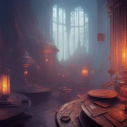 dark fantasy concept art, dynamic lighting, hyperdetailed, intricately detailed, Splash screen art, deep color, Unreal Engine, volumetric lighting, fantasy library artwork, indoors, cozy, leather, wood, clock,