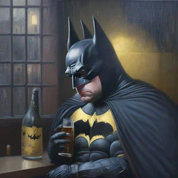 An oil painting of a dark universe masonic sad drunk batman