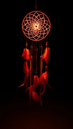 a dreamcatcher made of light, natural red tones, brown dirt ground long bottom, dark background