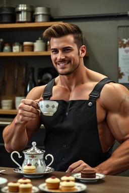 a young mechanic man with huge muscles and his top off enjoying high tea by himshelf with little cakes