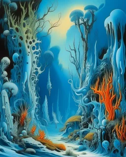 A blue underwater reef with coral and squids painted by Salvador Dali