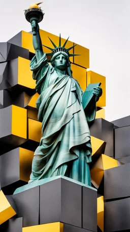 Stunning Statue of Liberty of a natural landscape with imposing dark yellow and coal streaked marbles next to artificial structures. These structures look like reflective blocks, creating a contrast between the natural and the artificial. Person observes. The scene conveys a sense of suspension and dialogue between organic elements. Very accentuated rock details. Huge portal. Maritime pines.