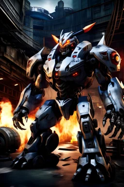 a detailed picture of a Pacific Rim Jaeger as if it were made by the Harley Davidson Motorcycle company. It towers over the war-ravaged city. It is decorated with lots of chrome, airbrushed flames , and a big Willy G skull on its chest plate. It has many weapons and lights. Cinematic shot.