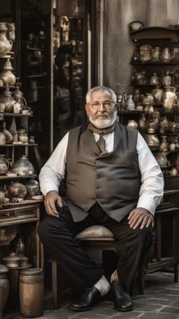 Full length photograph of a 58 year old, strong and chubby Neapolitan antiques dealer, at the street market, elegantly dressed, old glasses, short beard, short shaved hair, under the sun, stocky, open shirt, hairy chest, sitting in a furniture stall of antique and mirrors, big belly, big shoulders,, sunlight, ambient occlusion, side light, photorealistic, side view from the ground